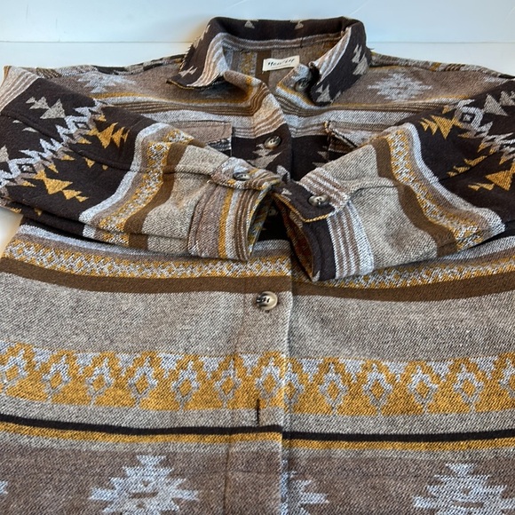 new in raw hem aztec brown tan mustard long sleeve button jacket shacket shirt - Picture 16 of 16
